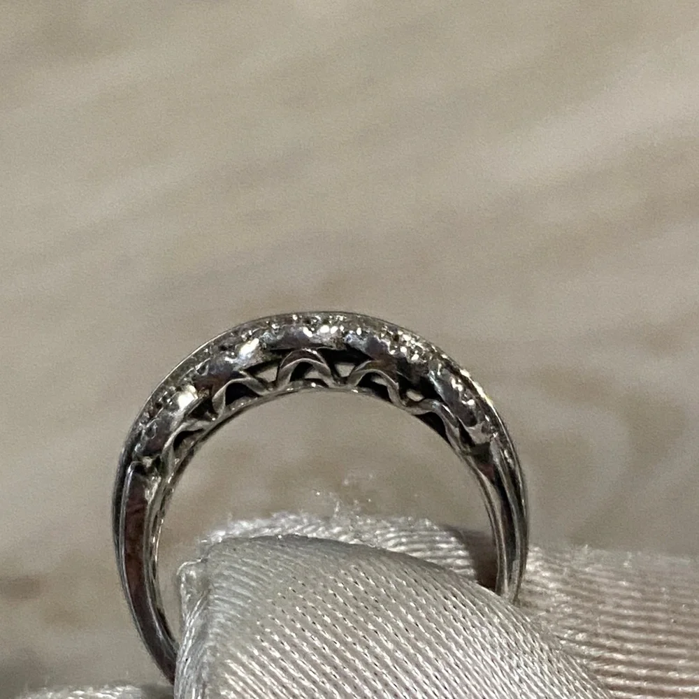 18K White Gold Plated Lab Blue Sapphire & 1/4 TCW Diamond Filigree Ring Sz 7